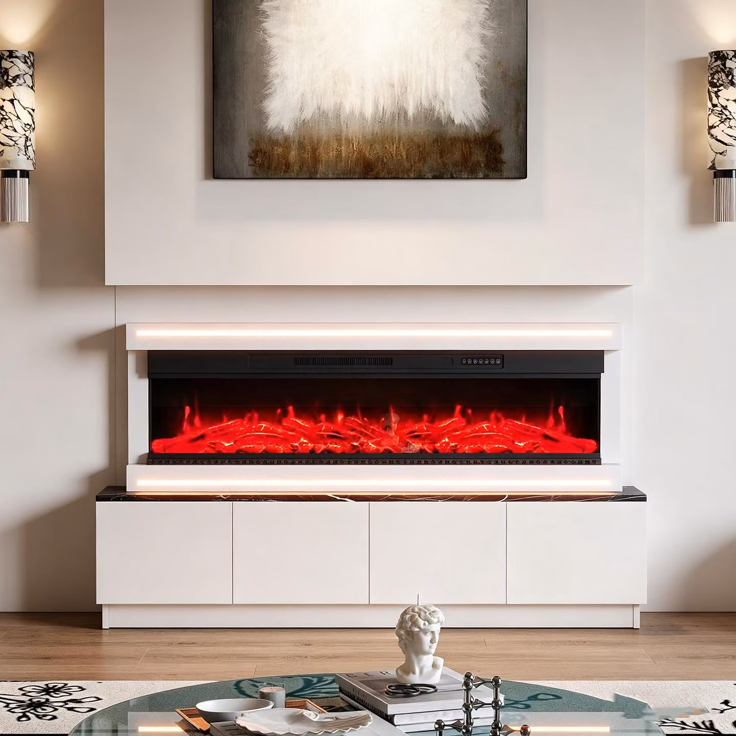INONEFT Caminetto elettrico da 50" con effetto fuoco 3D LED realistico – Caminetto elettrico da parete con riscaldamento e effetto camino, controllo tramite app, effetto crepitio e timer, colore bianco
