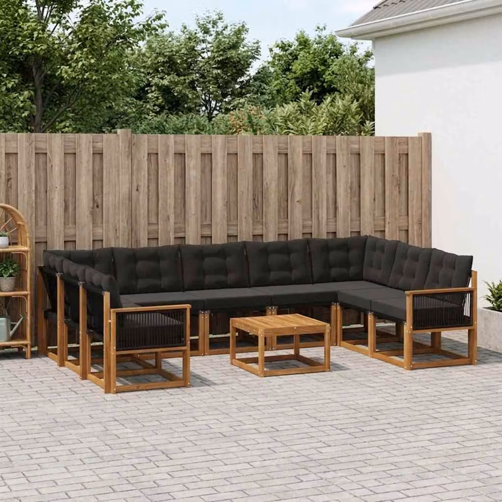 Set di divani da esterno vidaXL 10 pezzi in legno di acacia con tavolino e cuscini, colore marrone e nero