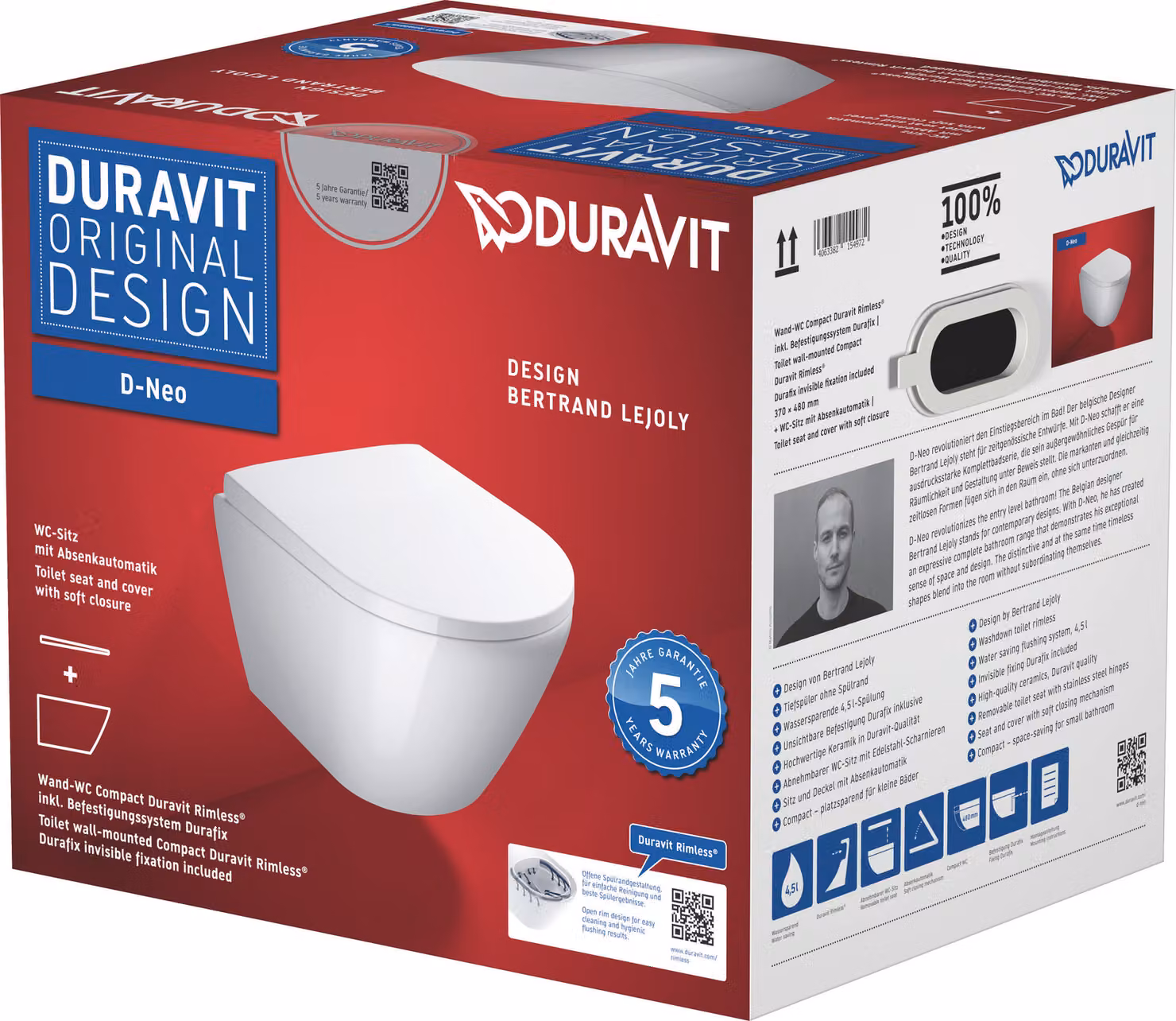 Ensemble de wc suspendu Duravit D-Neo, wc suspendu Compact, fixation dissimulée, avec siège de WC amovible, 45880900A1, 45880900A1