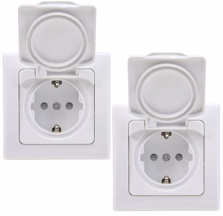 Prese a muro IP44 con coperchio a battente, complete di telaio, 230V, 2 prese integrate con messa a terra