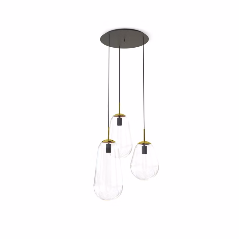 Lampada a sospensione in metallo e vetro E27 H: max. 130 cm in ottone nero Lampada a sospensione moderna a 3 luci rotonde