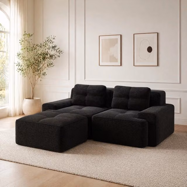 Divano modulare in velluto a coste; 204x177x69 cm; nero