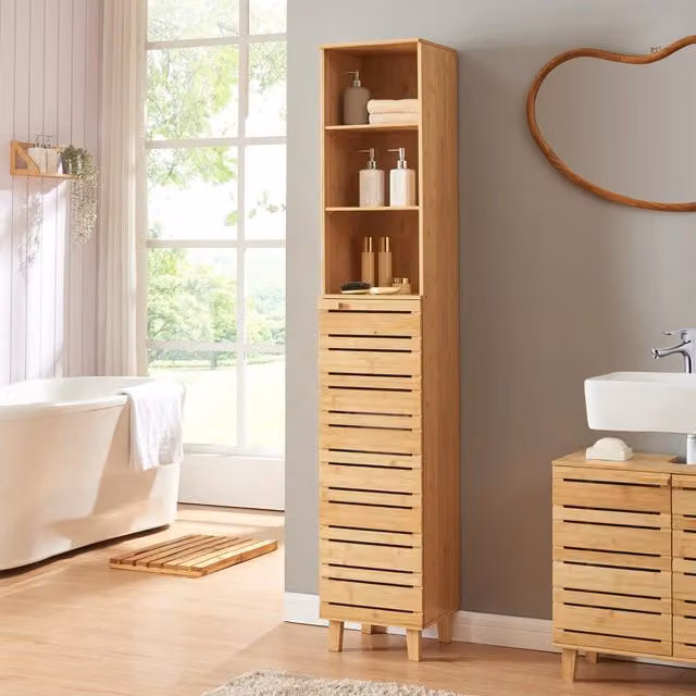 Mobile a Colonna Epind en.casa per Bagno e Ingresso in Bambù Naturale Beige, H 180 x L 33 x P 30 cm