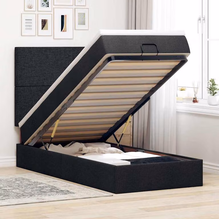vidaXL Letto con Base a Sollevamento e Materasso, Struttura Moderna in Tessuto con Illuminazione Sotto il Letto e Porte USB, L 90 x P 200 cm, Nero e Bianco