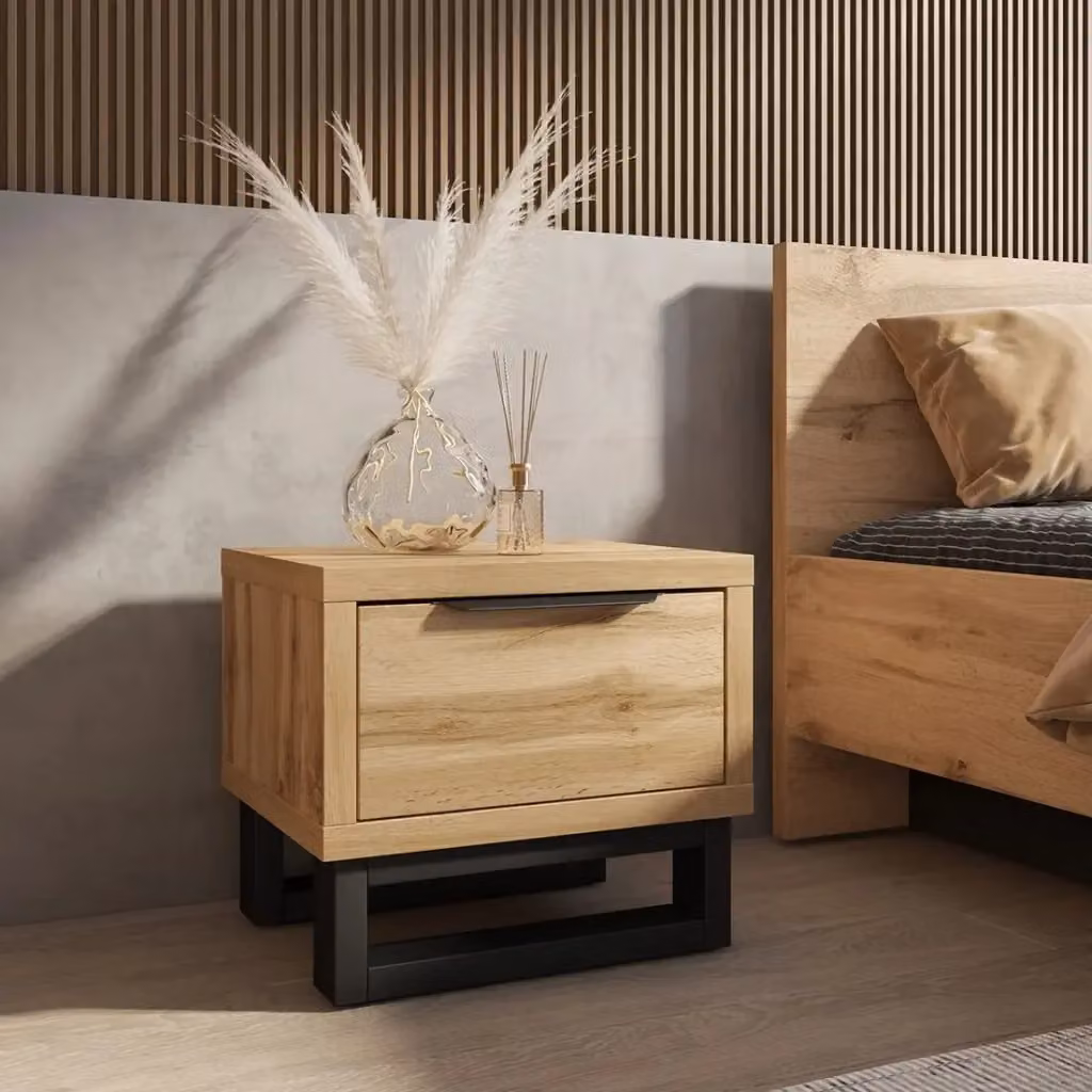 Comodino in stile industriale con un grande cassetto collezione MILOS di Meublorama, colore rovere grezzo e nero – 2