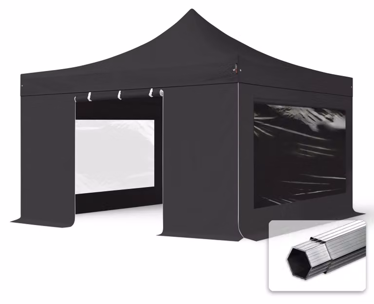 TOOLPORT 4x4m gazebo pieghevole PVC con laterali (finestre panoramiche), PROFESSIONAL alluminio, nero