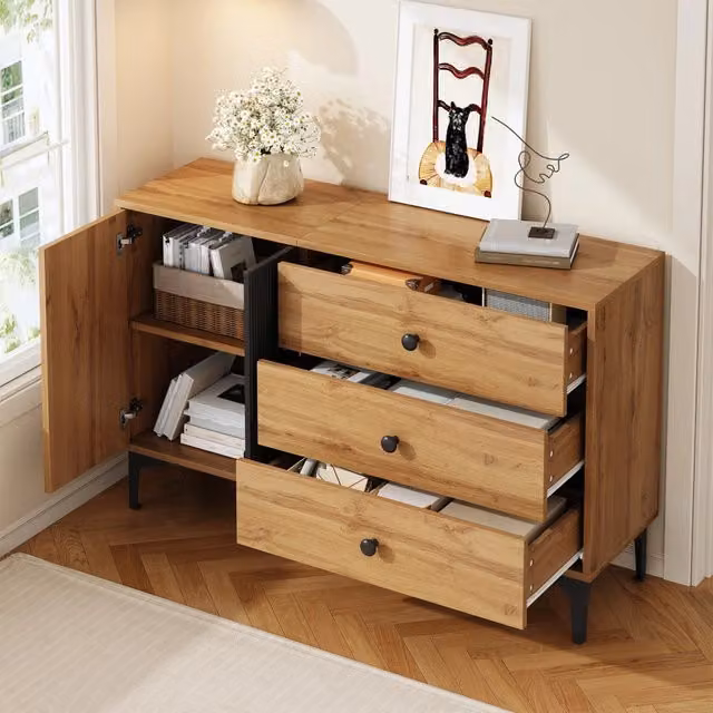 Credenza con anta e tre cassetti in pannello truciolare naturale e nero con gambe in metallo 120 × 35 × 76 cm