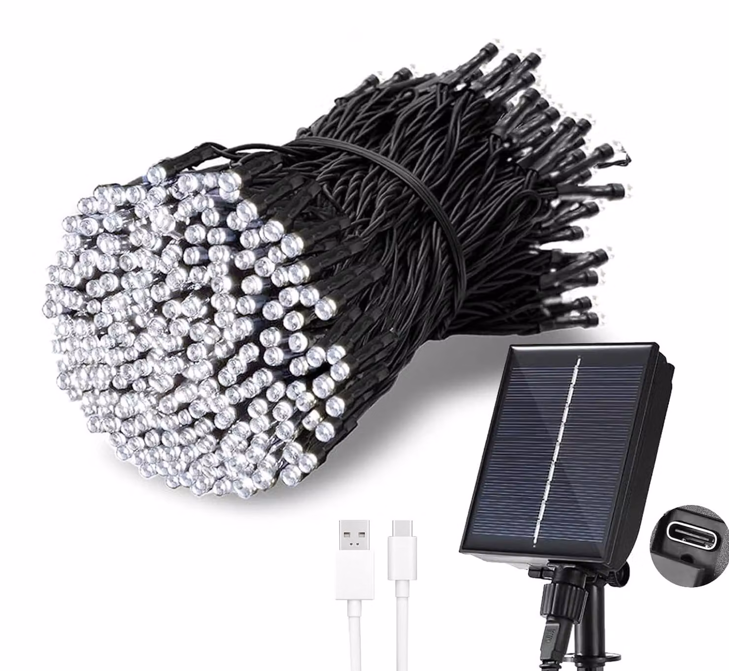 Catena luminosa solare, 20 metri, 200 LED, bianca, grado di protezione IP65, 8 modalità