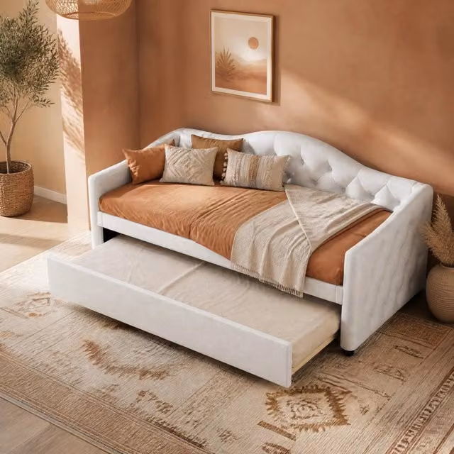 Divano letto con letto estraibile 90x200 cm in lino beige; stile minimalista