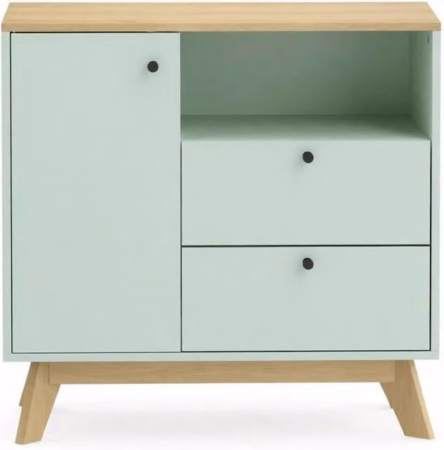 Buffet con ante e 2 cassetti, ripiano regolabile, design bicolore verde chiaro e rovere, 80x35x76,3 cm