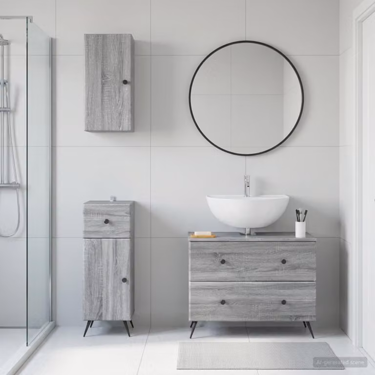 Set di armadietti da bagno 3 pezzi vidaXL BREDA Sonoma grigio con mobile lavabo, pensile e colonna laterale