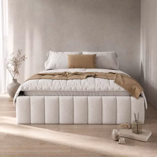 Letto Mivray con cassetti e rete a doghe in velluto beige, L/P/H: 140 x 200 x 35 cm