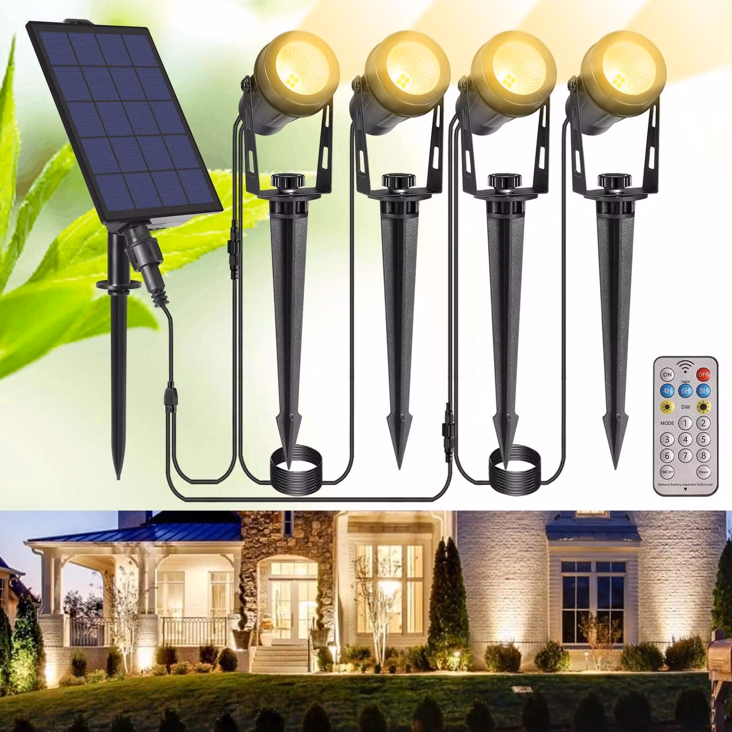 Set di 4 faretti solari, grado di protezione IP65, con telecomando, timer e luce bianco caldo 2700K