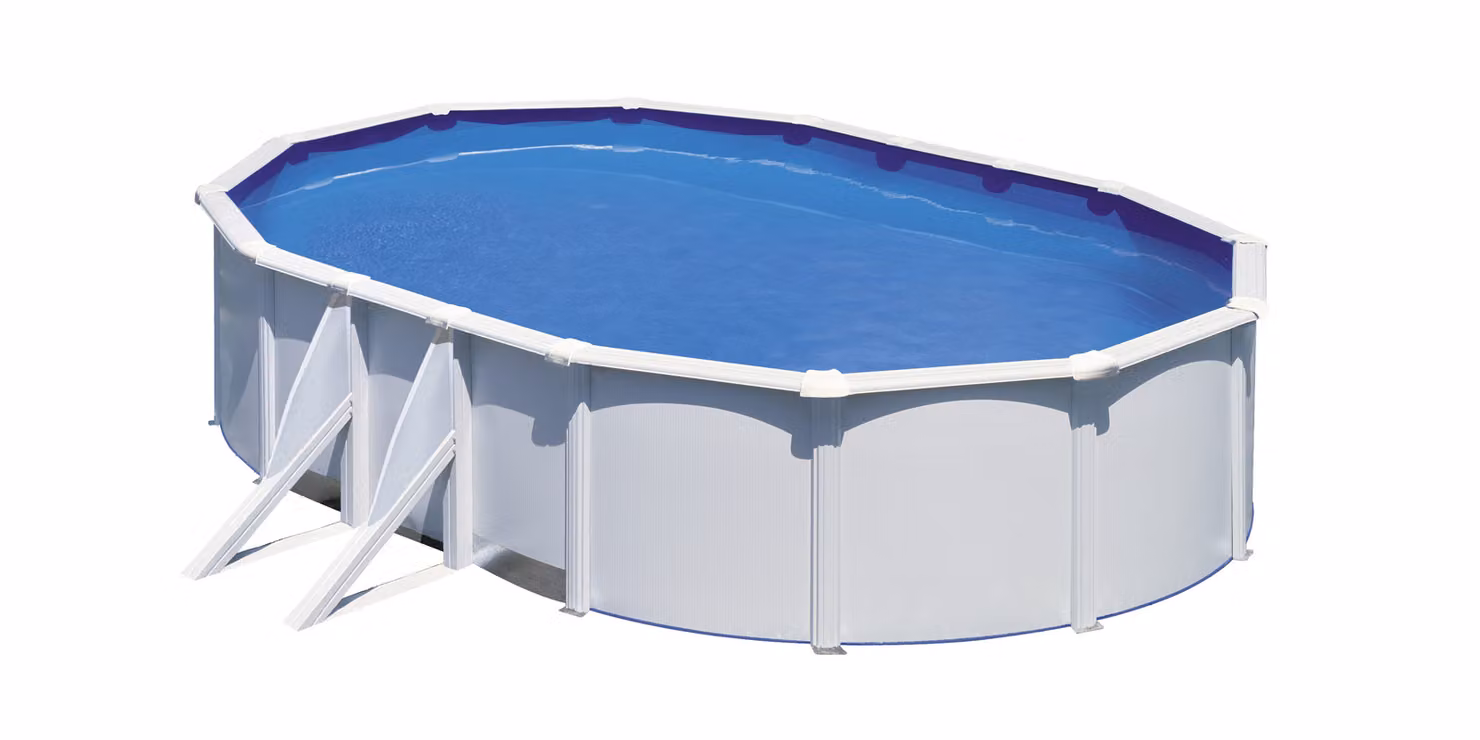 Piscina da esterno ovale in acciaio GRE, colore bianco, modello KIT610ECO – 610 x 375 x 120 cm, set completo