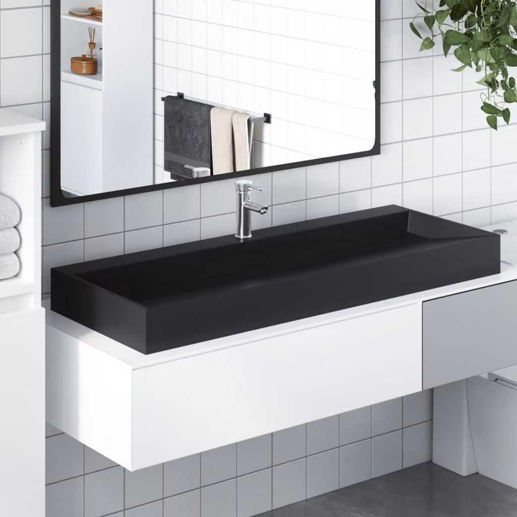 Lavandino vidaXL in blocco di marmo e minerale nero opaco L: 120 cm, P: 46 cm, H: 11 cm