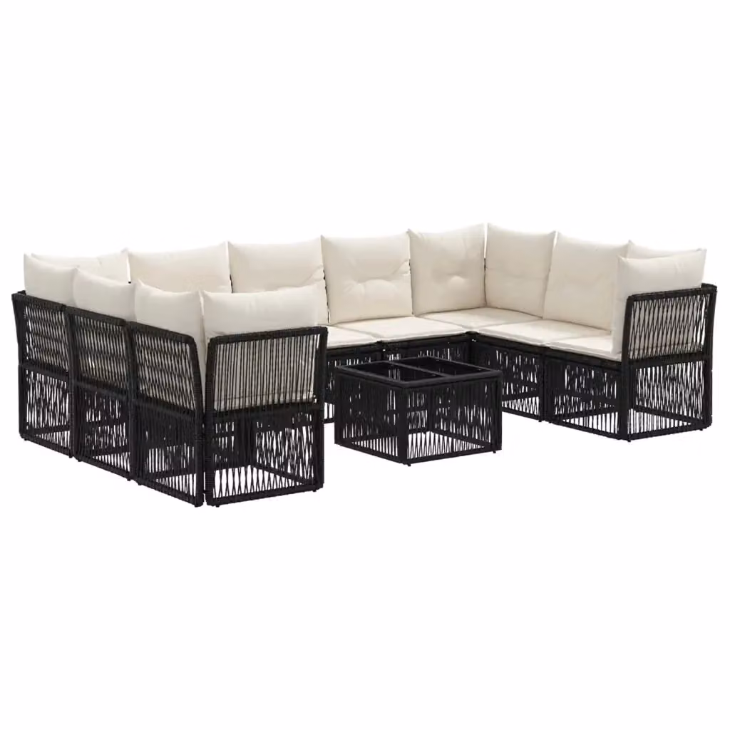 Set Divano da Giardino a L con Tavolino vidaXL, 10 Pezzi, Nero, Polyrattan e Acciaio Verniciato a Polvere con Cuscini Inclusi – 2