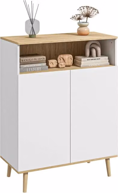 Cassettiera buffet scandinava Zephmum in bianco e legno di pino