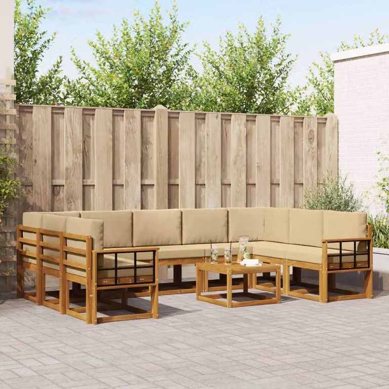 vidaXL Set di divani da esterno a L in legno di acacia con cuscini, Beige e Marrone