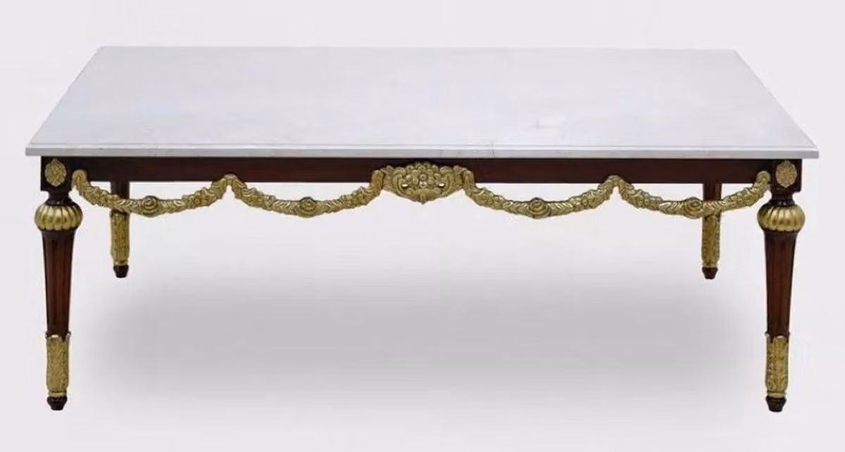 Casa Padrino Tavolino barocco con piano in marmo bianco/marrone scuro/oro - Tavolo rettangolare da salotto in stile barocco - Mobili barocchi - Nobili & Magnifici