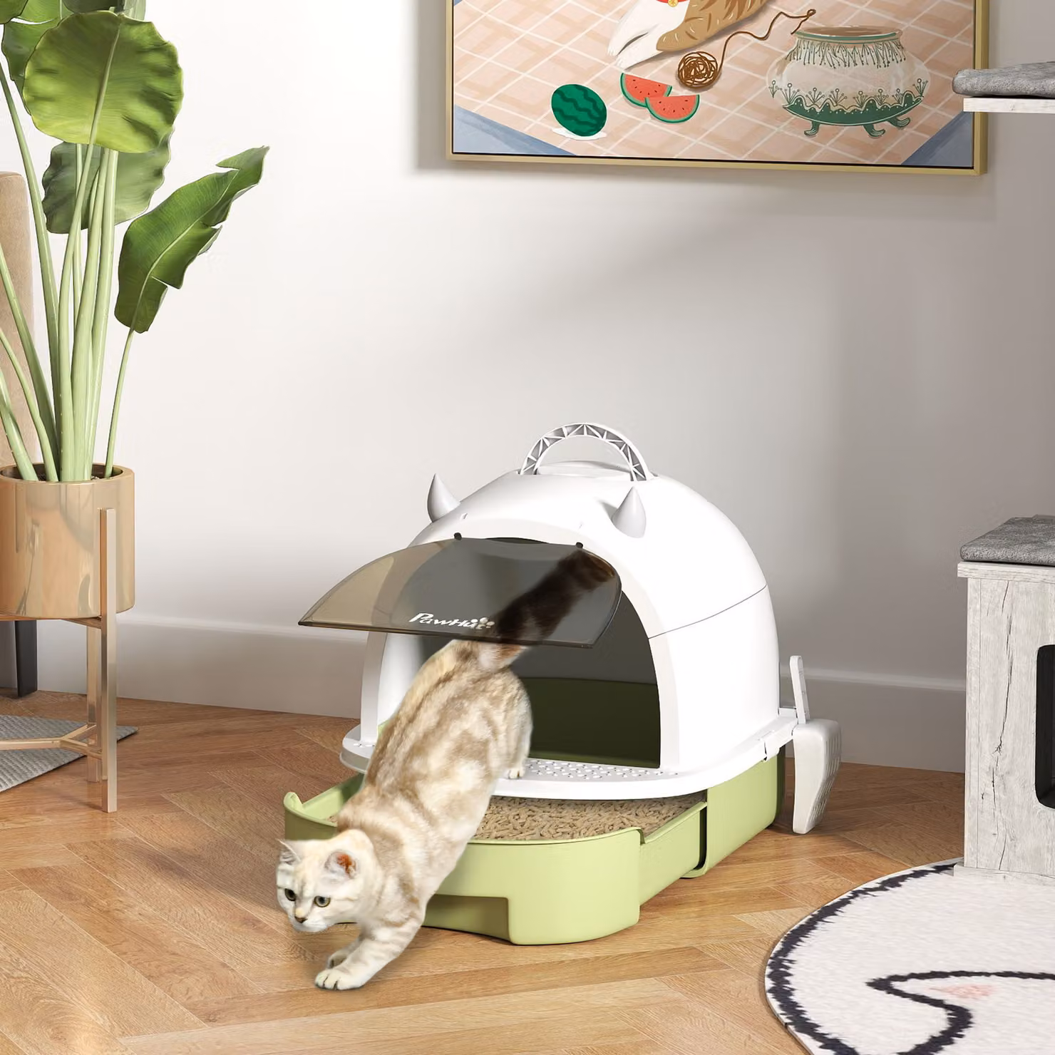 Lettiera per gatti chiusa PawHut con vassoio estraibile, paletta e filtro ai carboni attivi, multicolore – 2