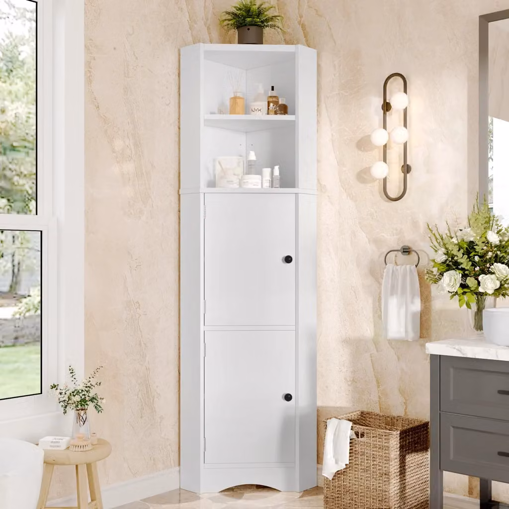 Mobile angolare da bagno OKWISH in MDF laccato bianco con 2 ante, vani aperti e ripiani regolabili, H 155.4 x L 51.7 x P 32 cm – 2