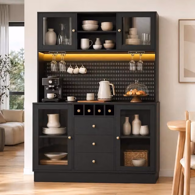 Hochschrank mit smarten LED-Leuchten, Weinregal und verstellbaren Einbauregalen, Schwarz, 140x40x185,7 cm