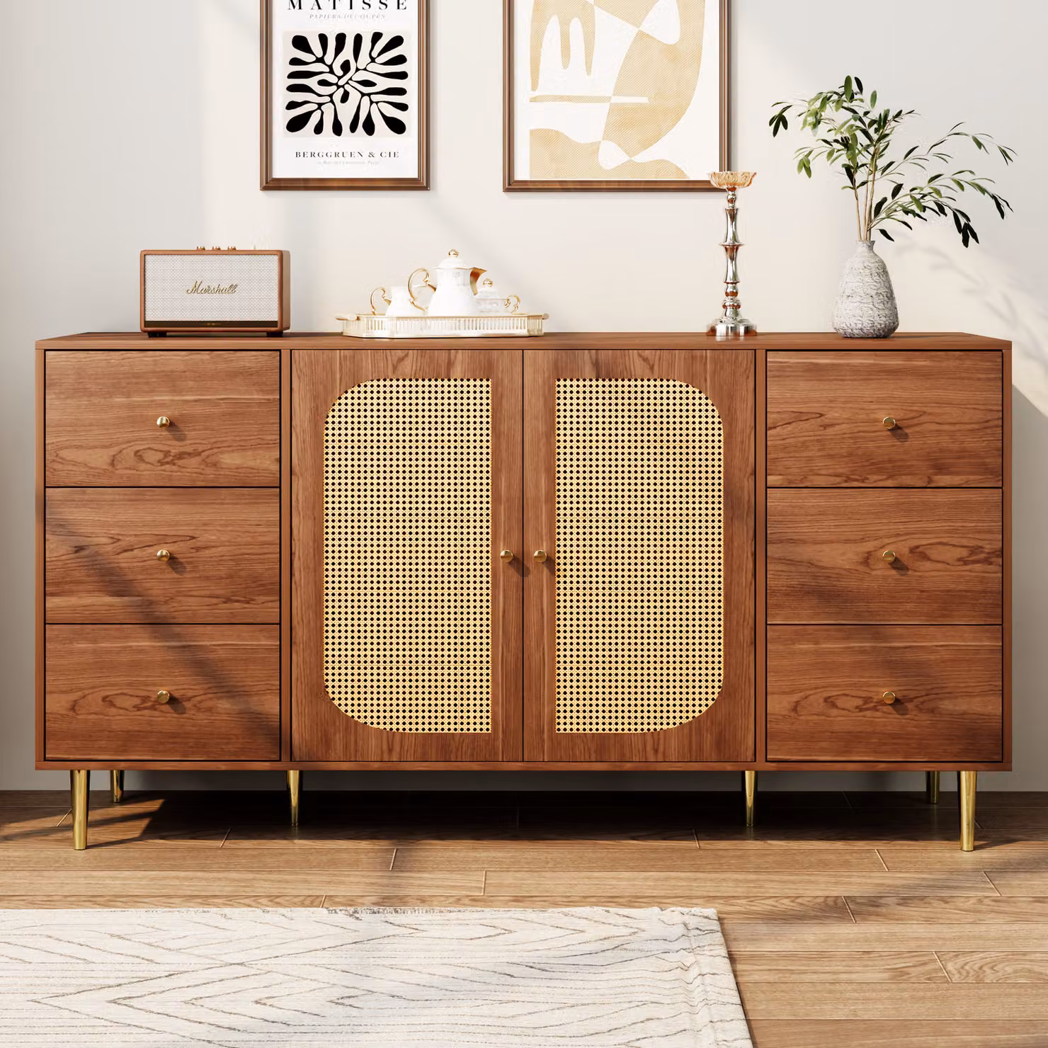 Credenza Flieks in rattan a 2 ante e 6 cassetti, mobile da soggiorno 160x40x90 cm, mobile da appoggio TV, colore legno