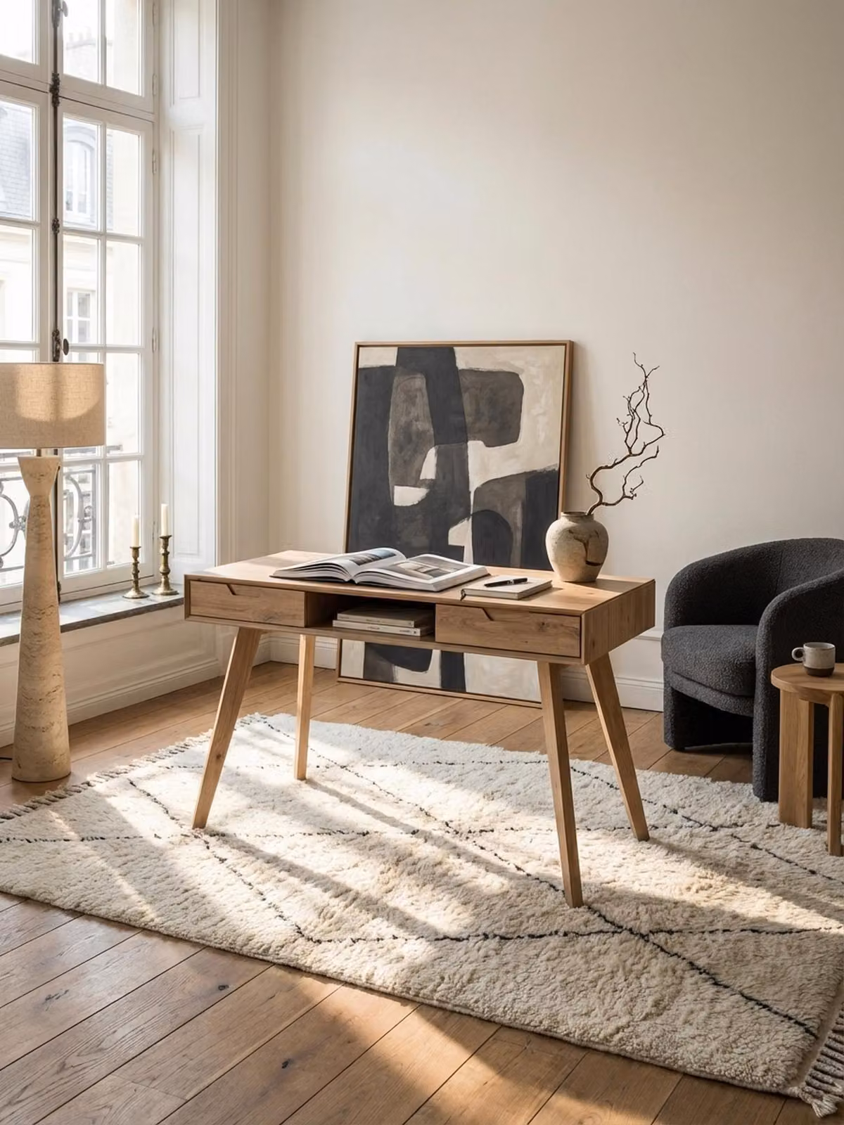 Scrivania 120x55x77 cm in rovere decorato con spazio contenitivo, scrivania da ufficio di design scandinavo con cassetti, scrivania per laptop da ufficio domestico, scrivania per computer, studio con gambe in legno massello