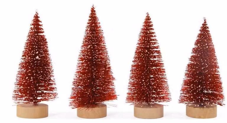 Set di 4 mini alberi di Natale artificiali, colore bordeaux, dimensioni 4,5 cm x 10,5 cm