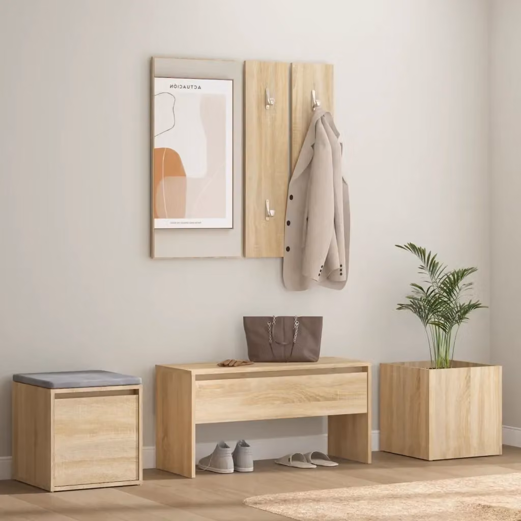 Set di Mobili da Corridoio Moderno in Legno Rovere con Panca, Specchio, Pannello e Scarpiera, Colore Marrone, L/P/H: 110 x 30,5 x 80 cm – 2