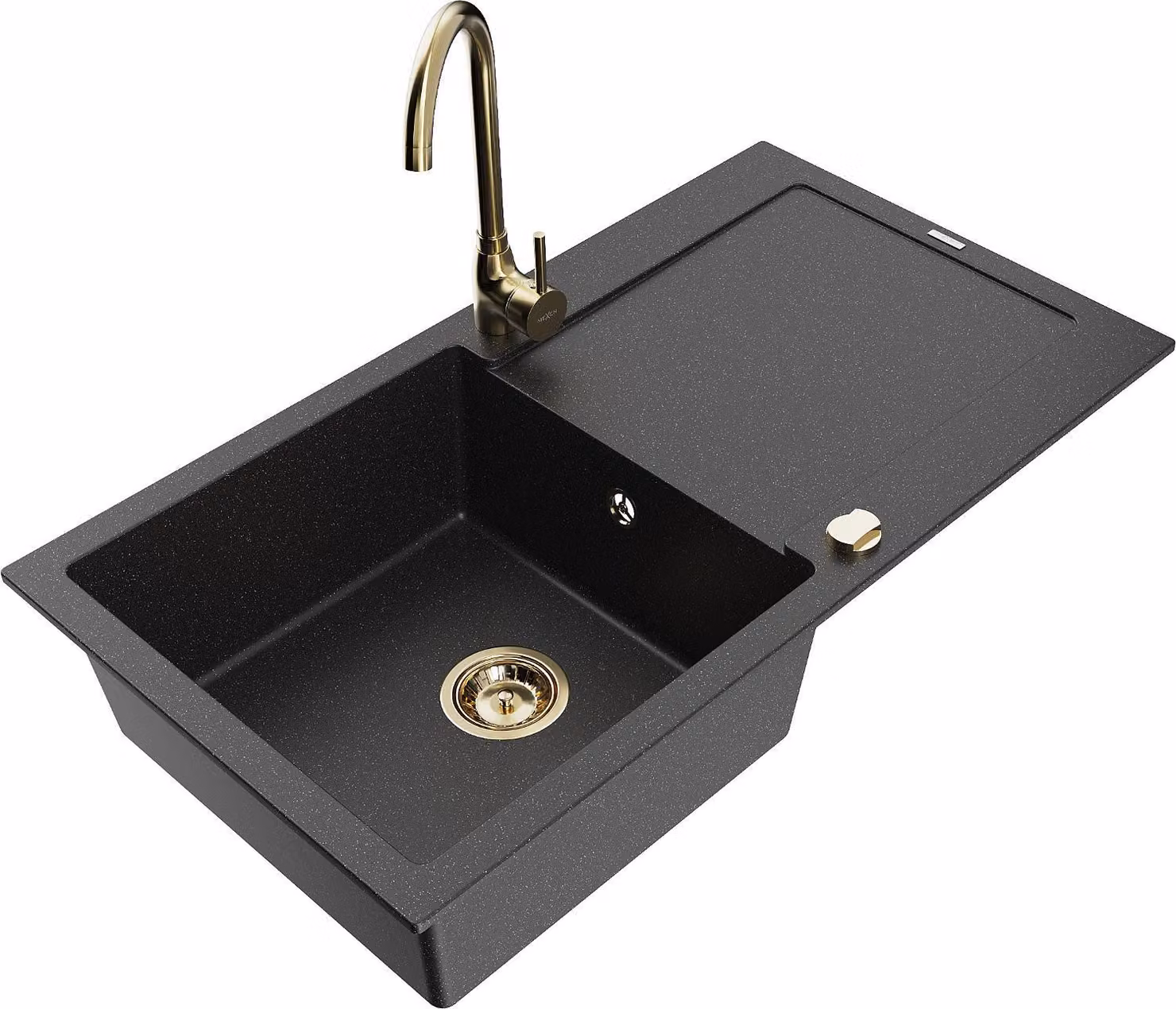 Mexen Leo lavello in granito a 1 vasca con scolapiatti e rubinetto da cucina Telma, nero/argento metallizzato