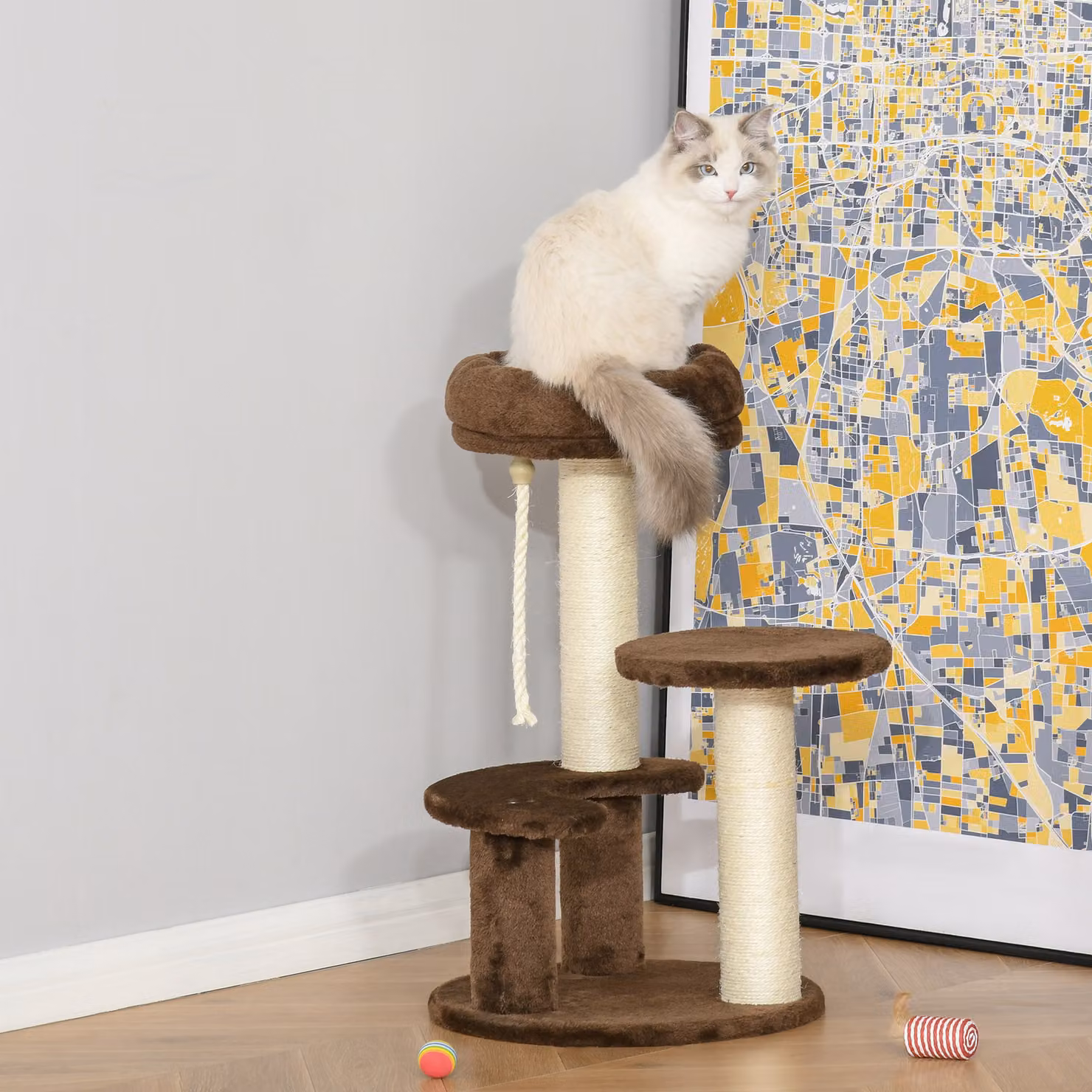 Albero Tiragraffi per Gatti PawHut a 3 Livelli con Amaca e Pali in Sisal, Marrone, Ø40 x H 65 cm – 2