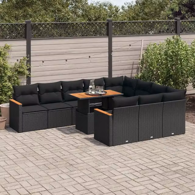Set di divani da giardino a L vidaXL in polyrattan e legno di acacia nero con 11 pezzi e cuscini inclusi