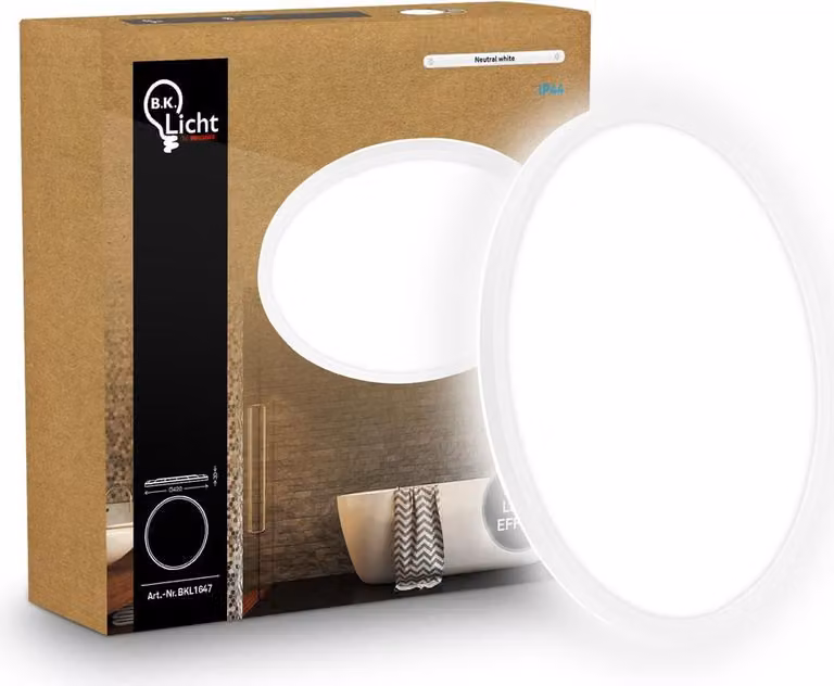 B.K.Licht Pannello LED piatto Ø42cm rotondo 22W 3000lm 4000K bianco neutro protezione dagli spruzzi d'acqua bianco - Lampada da soffitto bagno cucina soggiorno