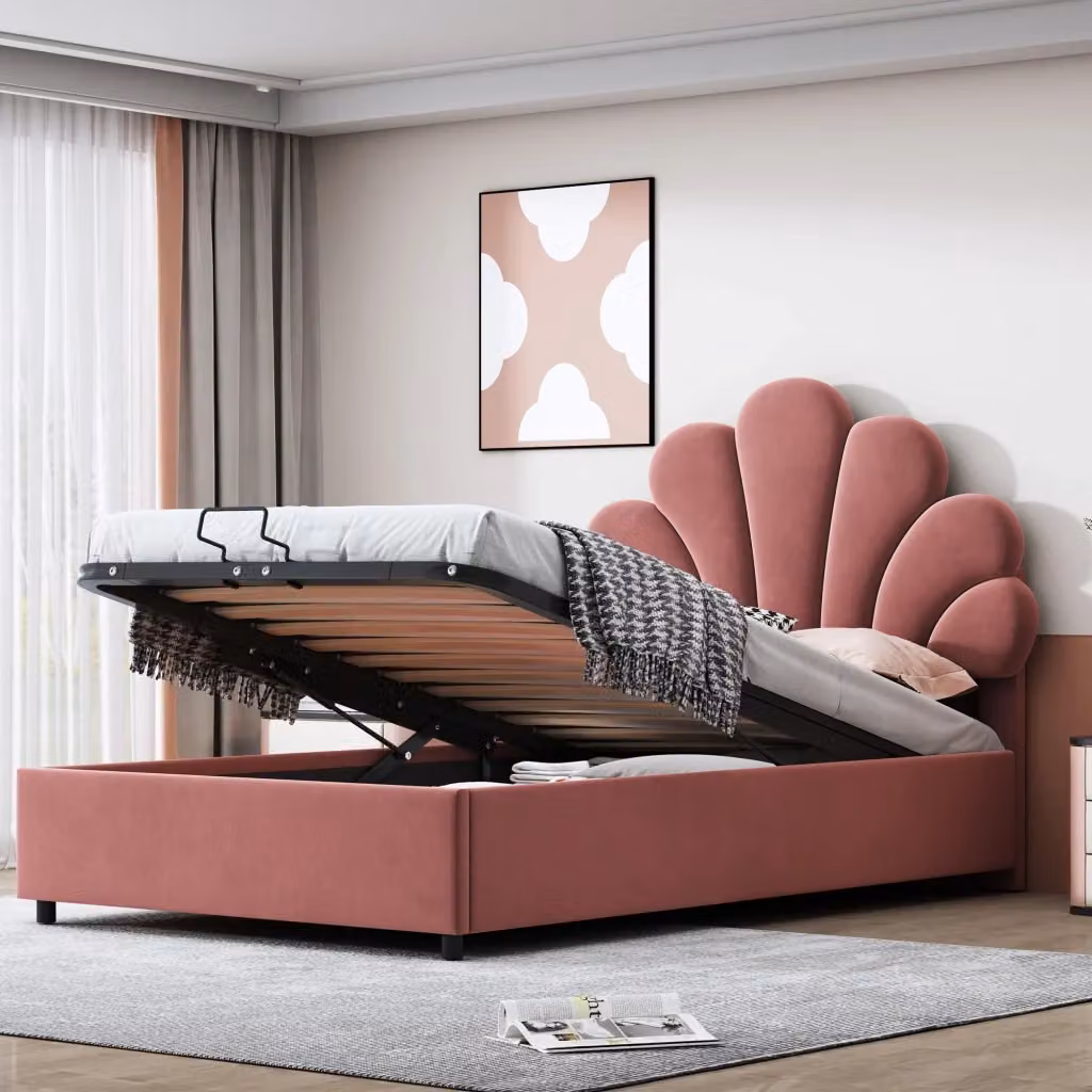 Letto contenitore singolo OKWISH con testiera floreale in velluto rosa e sistema di sollevamento idraulico, L/P/H: 90 x 200 x 41 cm – 2