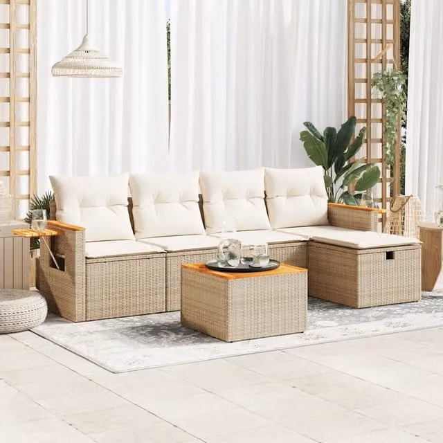 Set Divano da Giardino a L vidaXL in Polyrattan con Cuscini Beige e Tavolino da Caffè 6 Pezzi