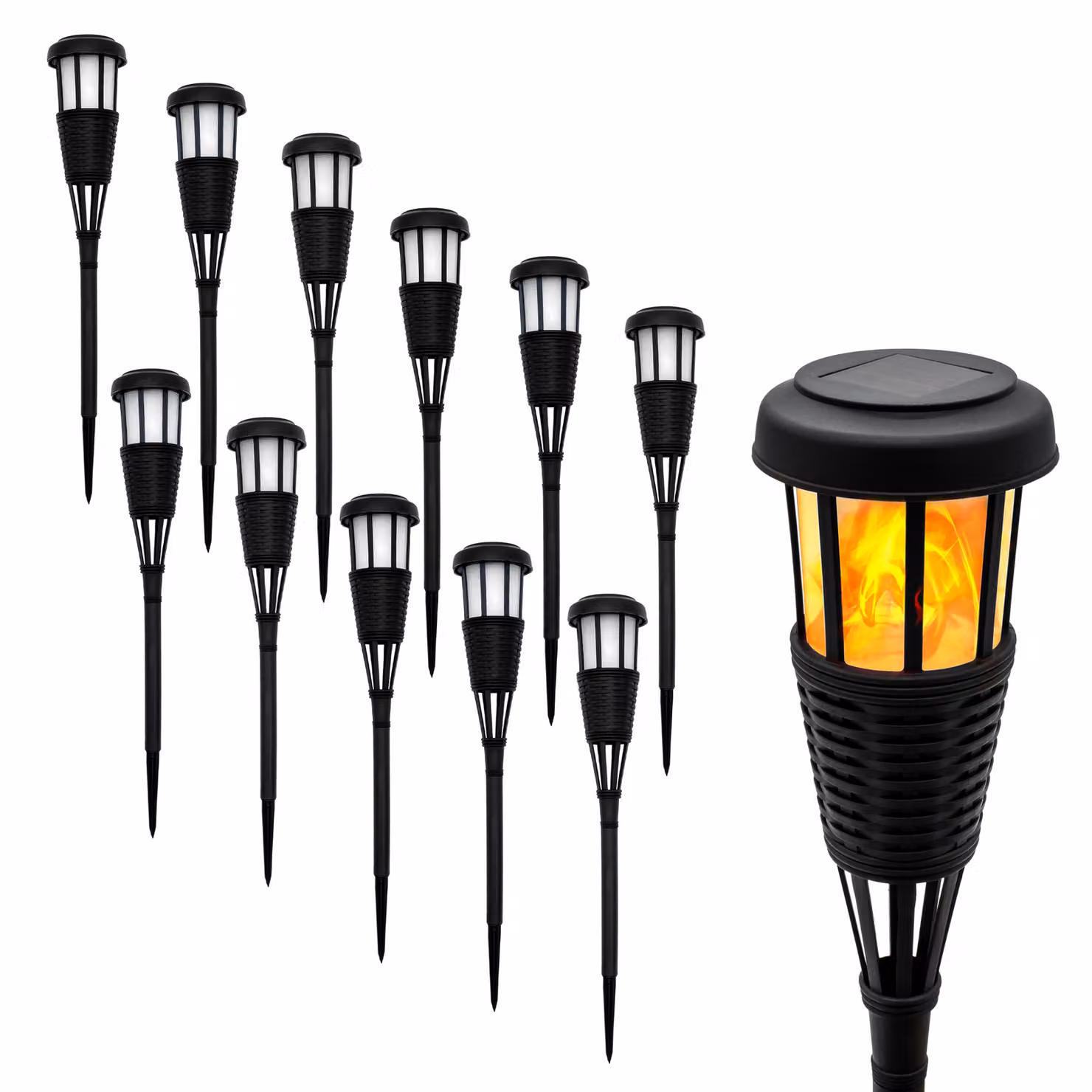 1.01 Torcia solare da giardino a LED in look rattan - 12 pezzi - Luce solare con effetto fiamma (12 pezzi)
