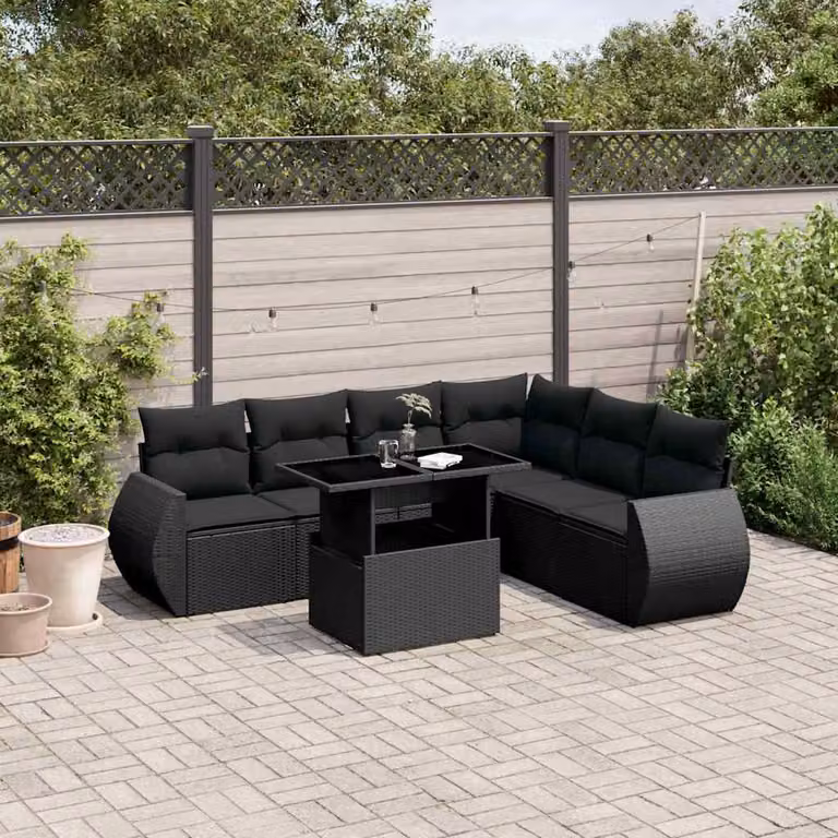 vidaXL Set Divano da Giardino a L con 7 Pezzi Nero in Polyrattan e Acciaio con Cuscini e Tavolino