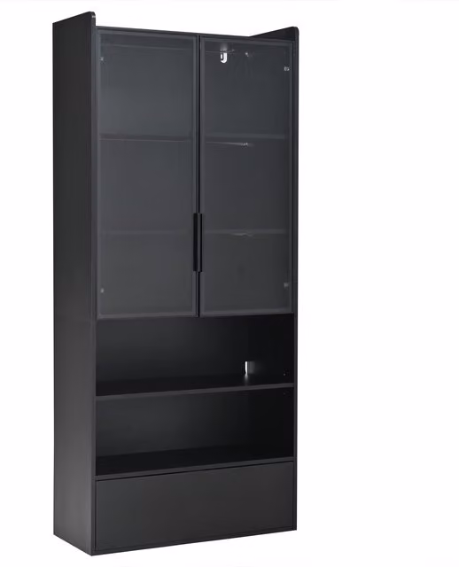 Vetrina alta moderna Aosom con ante in vetro e illuminazione integrata, Nero lucido, H: 180 cm, L: 64 cm, P: 34 cm