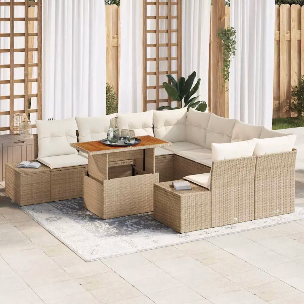 Set Divano da Giardino vidaXL a forma a U composto da 9 pezzi in rattan beige con struttura in metallo e cuscini inclusi – 1