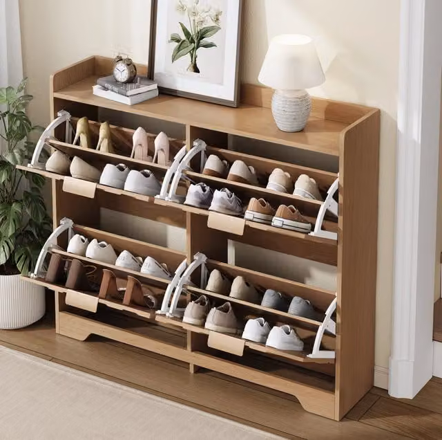 Scarpiera ULEVR 105x24x90 cm con 4 vani a ribalta e ripiano superiore, MDF color naturale