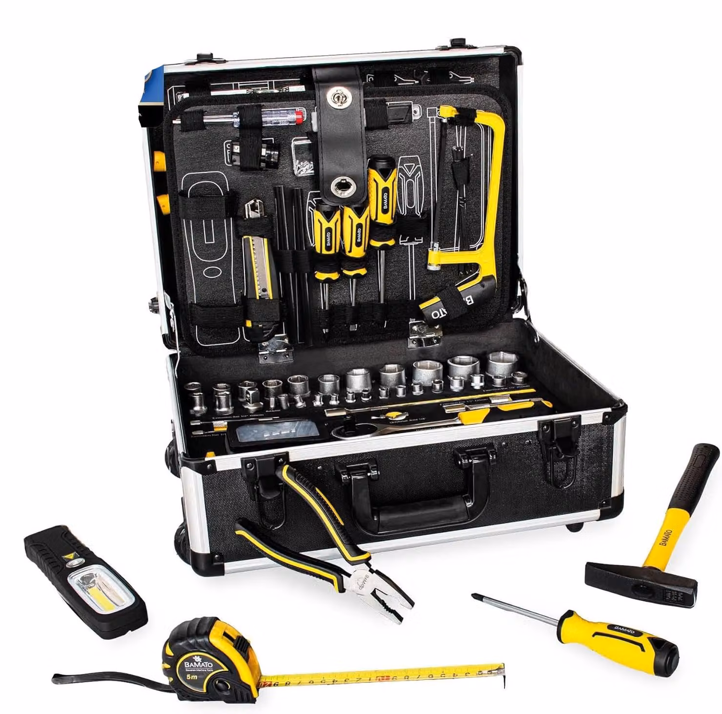 WORK-193: Valigetta per utensili, completa, set di 193 pezzi, con ruote, dotata di utensili per officina e uso domestico, con manico telescopico