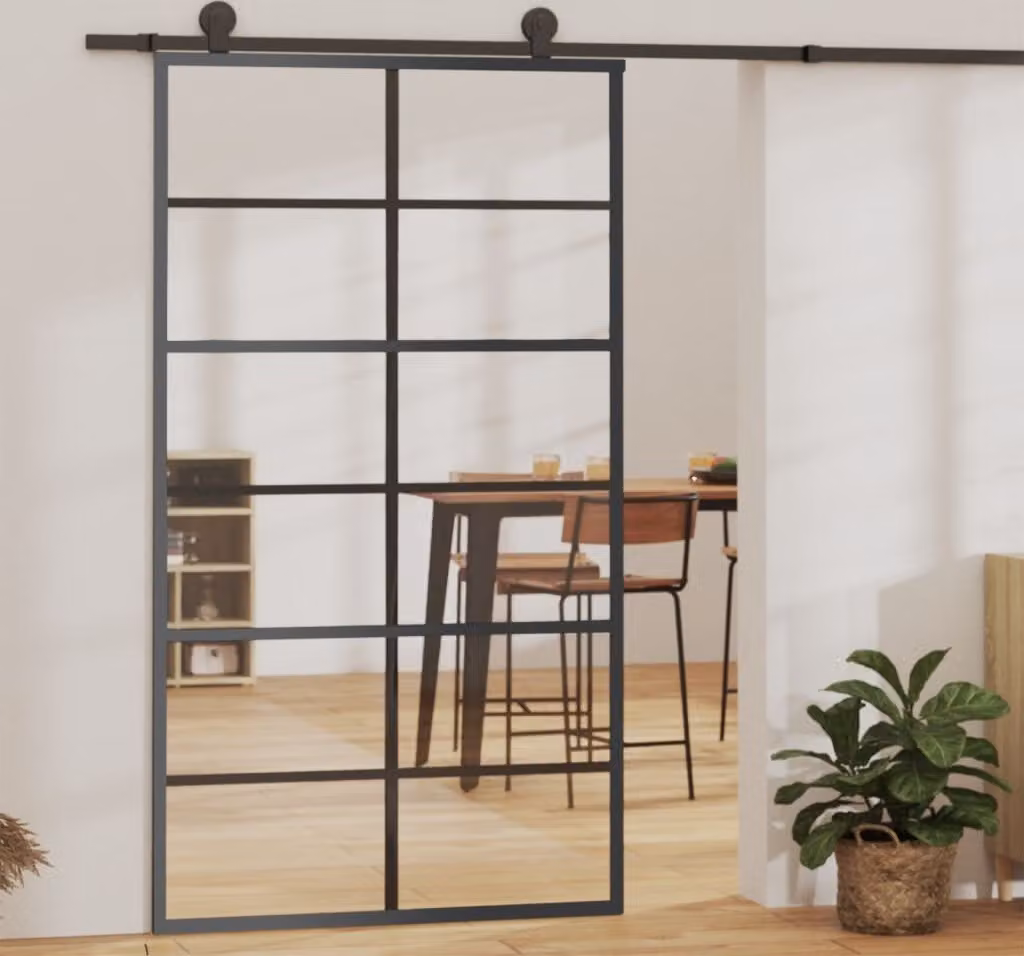 The Living Store porta scorrevole ESG in vetro e alluminio 102x205 cm nero
