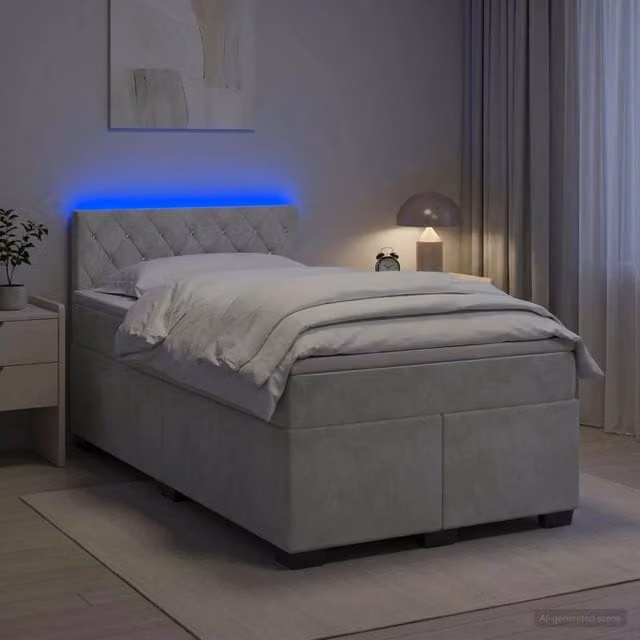 Letto box spring ibrido vidaXL con materasso in tessuto grigio e bianco, dotato di illuminazione sottostante e porta USB, L/P: 120 x 200 cm – 1