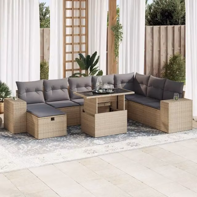 Set Divano da Giardino a L vidaXL in Polyrattan con Cuscini Beige e Grigio, 9 Pezzi