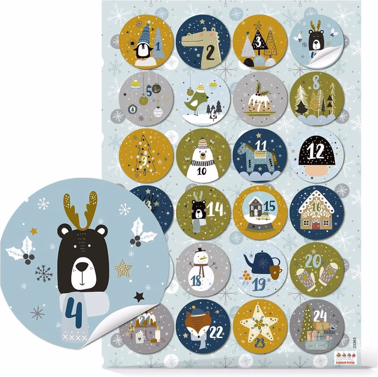 Adesivi con numeri da 1 a 24 a tema animali - Set da 24: adesivi rotondi con numeri per bambini, ideali per creare un calendario dell'avvento fai-da-te a tema natalizio