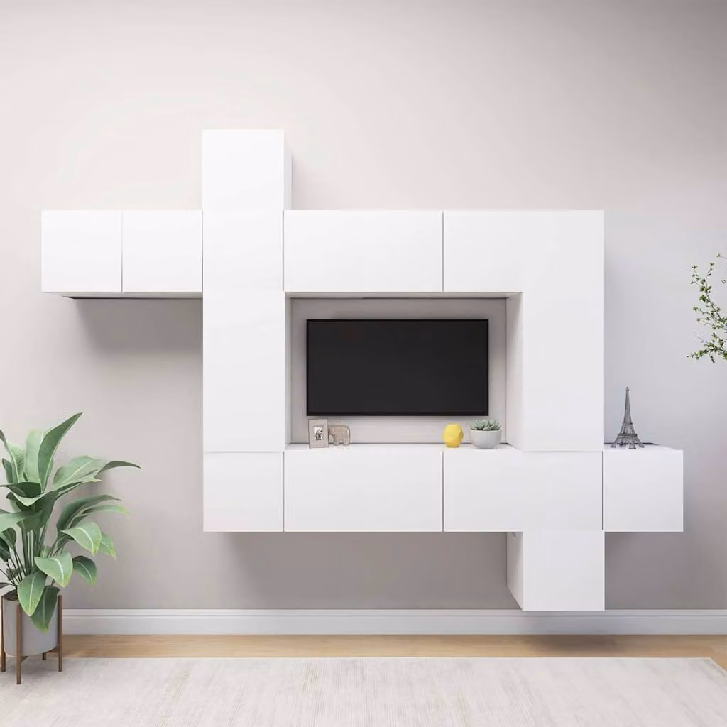 Set Mobili Porta TV Moderno vidaXL in Legno Multistrato e MDF Bianco Opaco, 10 Pezzi, da Appendere alla Parete