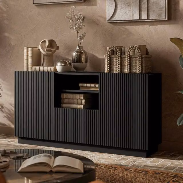 Madia Serchio DMORA Credenza Moderna con 4 Ripiani e Chiusura Soft Close Nero L: 150 cm, P: 40 cm, H: 78 cm