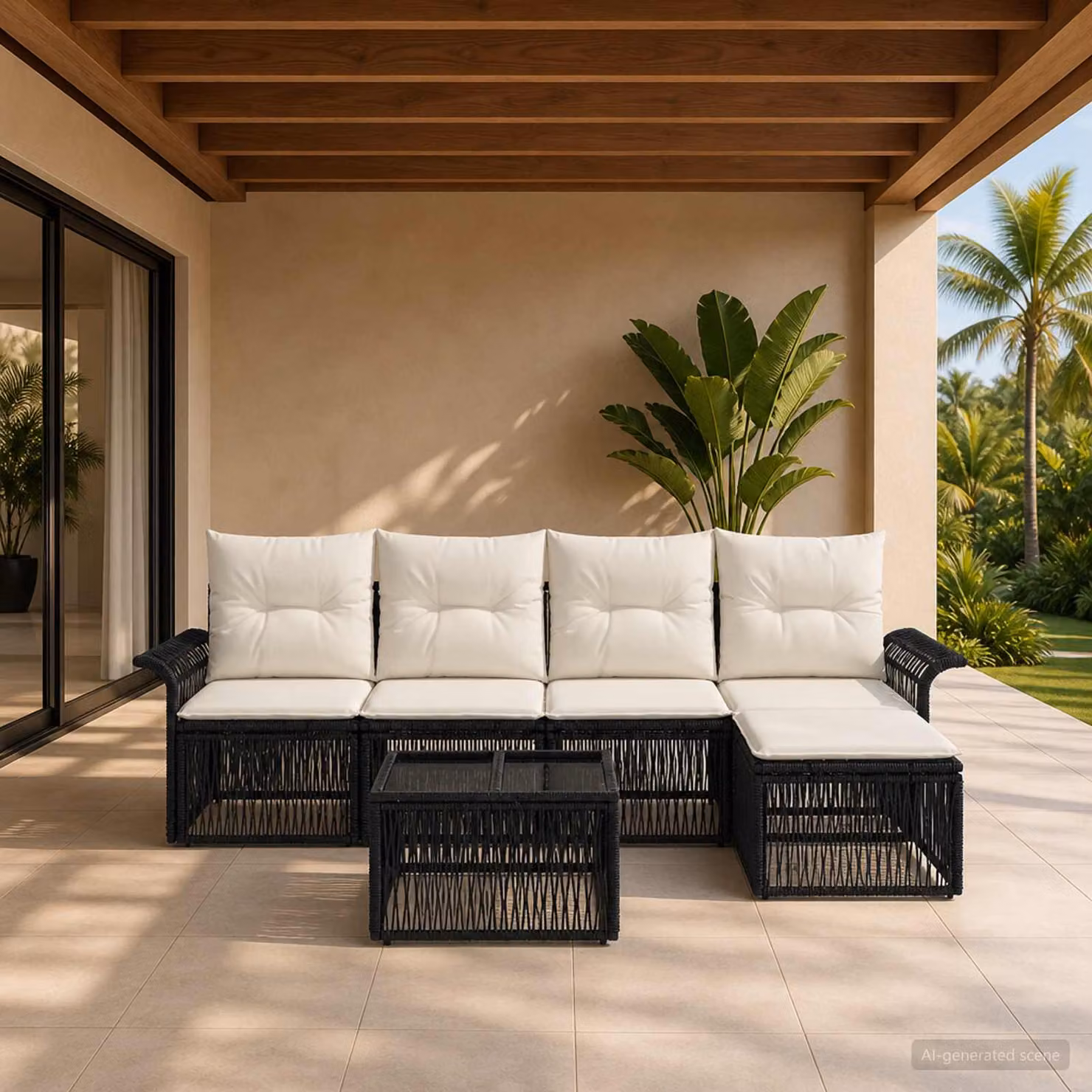 Set Divano da Giardino vidaXL a L in Polyrattan Nero con Cuscini e Tavolino da 6 Pezzi