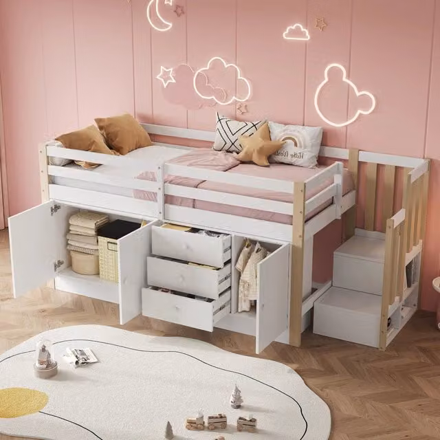 Letto a soppalco per bambini 90 × 200 cm, due armadi, cassetti e asta appendiabiti, senza materasso, bianco